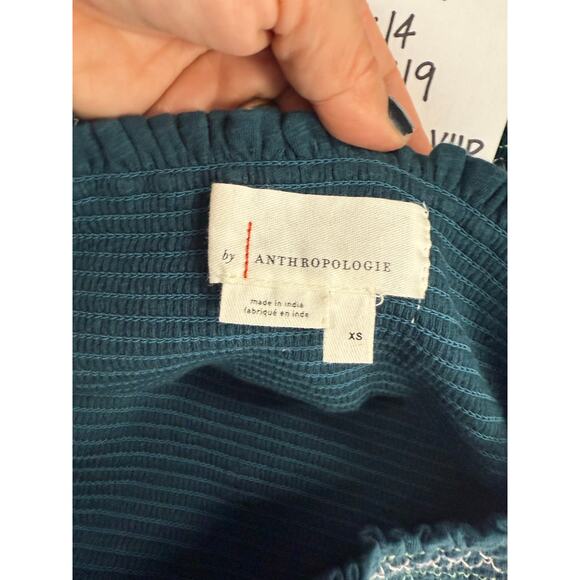 By Anthropologie Smocked Embroidered Floral Top Women’s XS Turquoise Green $98 - Picture 5 of 8